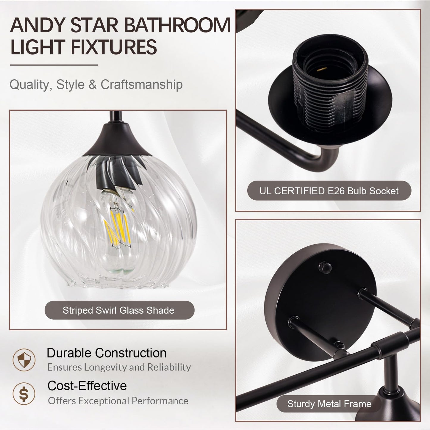 ANDY STAR 3-Light Matte Black Bathroom Vanity Light, 22” Modern Wall Sconce with Clear Spiral Glass Shades, Anti-Rust Metal Lighting Fixture for Bathroom Mirror, Powder Room, E26 Base