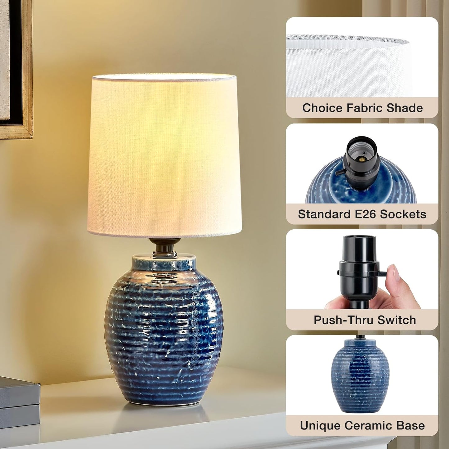 Boho Table Lamps Set of 2 - 13.5" Rustic Ceramic Bedside Lamps for Bedroom & Living Room