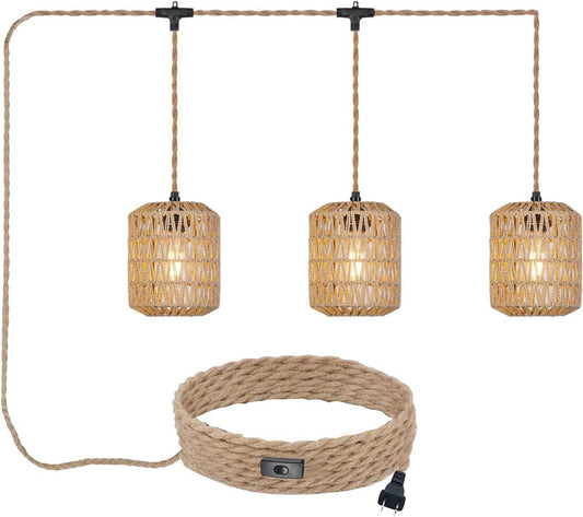 Boho Rattan Pendant Light with 3 Bulbs & 22ft Cord - Woven Hanging Chandelier for Bedroom, Kitchen, Hallway