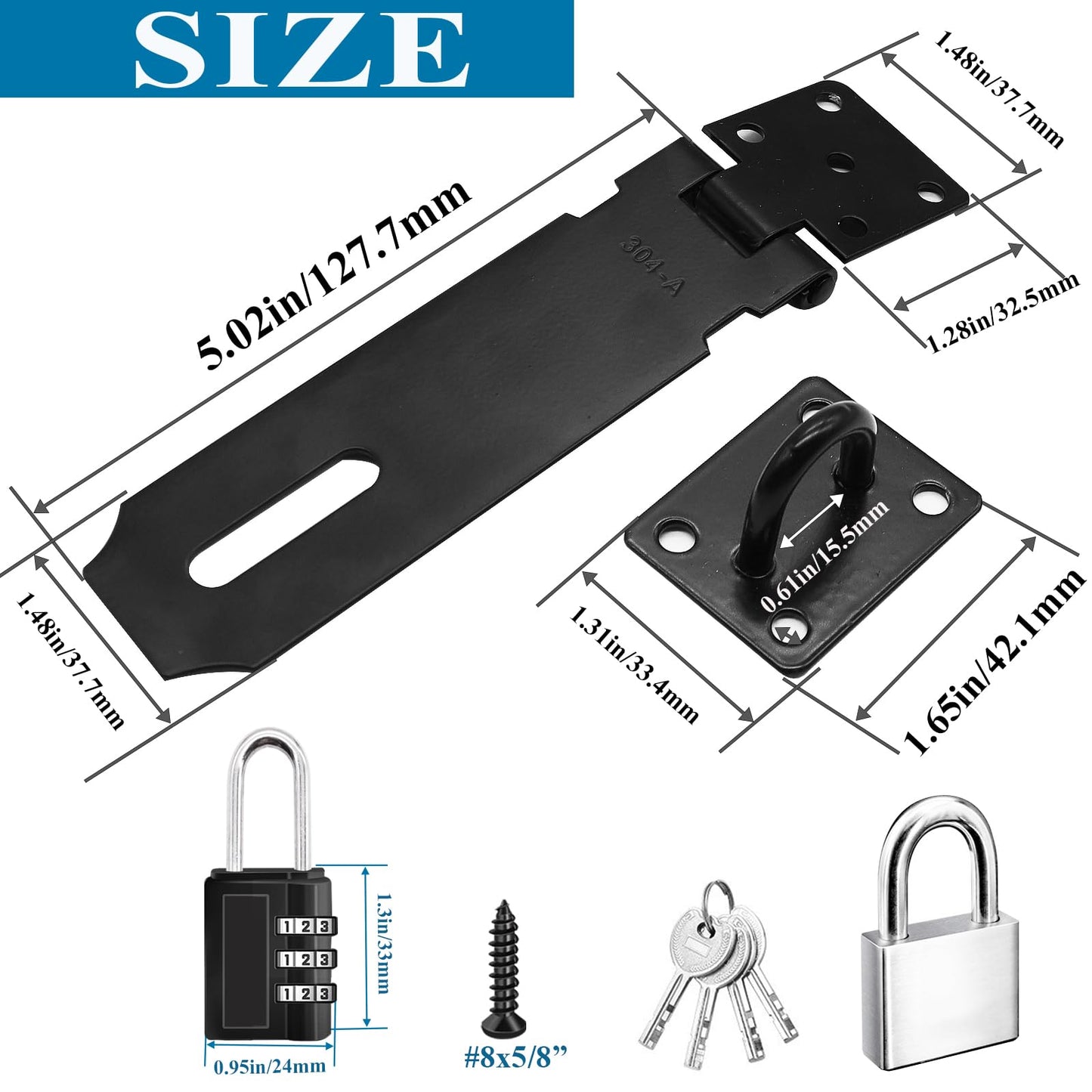 Sunxeke 5 Inch Door Locks Hasp Latch 2 Pack,304 Stainless Steel Safety Padlock Clasp Hasp Lock Latch with Combo Lock & Padlock,Heavy Duty Gate Latch Lock with Screws(Black)