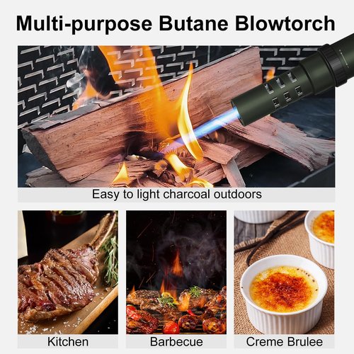 Camping Lighter, Torch Lighter, Windproof Jet Flame Butane Refillable Adjustable Flame with Safety Lock&Fule Guage for Campfires Kitchen Hiking Candles Fireplace BBQ Outdoor Camping Essentials(Green)
