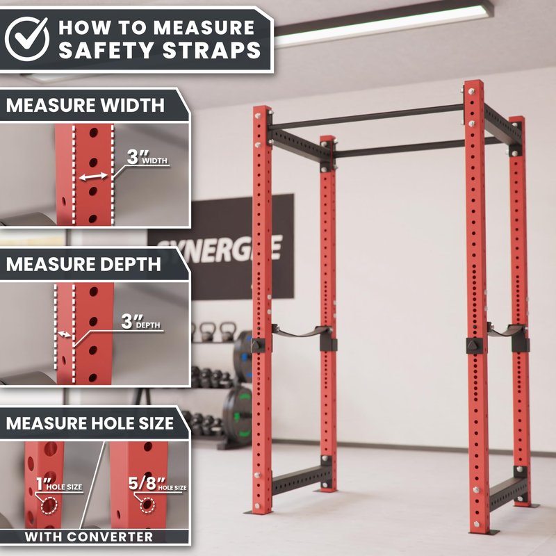 Synergee Safety Straps for 3x3 Power Racks – 29" Max Inside Depth – 750 lb Capacity Barbell Catch Straps with Quick-Mount Brackets & 5/8"–1" Hole Converters
