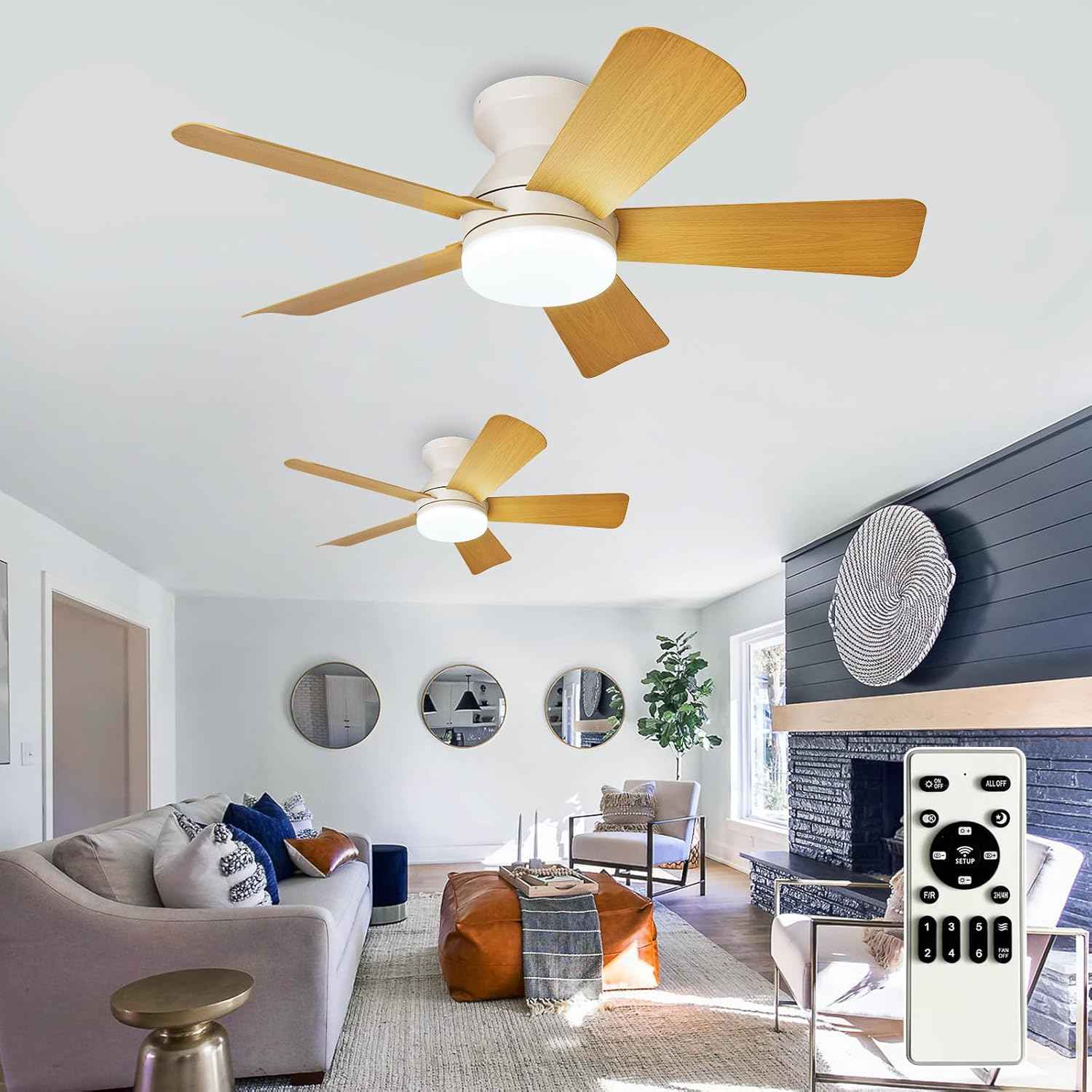 42-Inch Modern Black Ceiling Fan with Light & Remote - Dimmable Low Profile, 5 Reversible Walnut Blades, 6 Speeds for Indoor/Outdoor Use