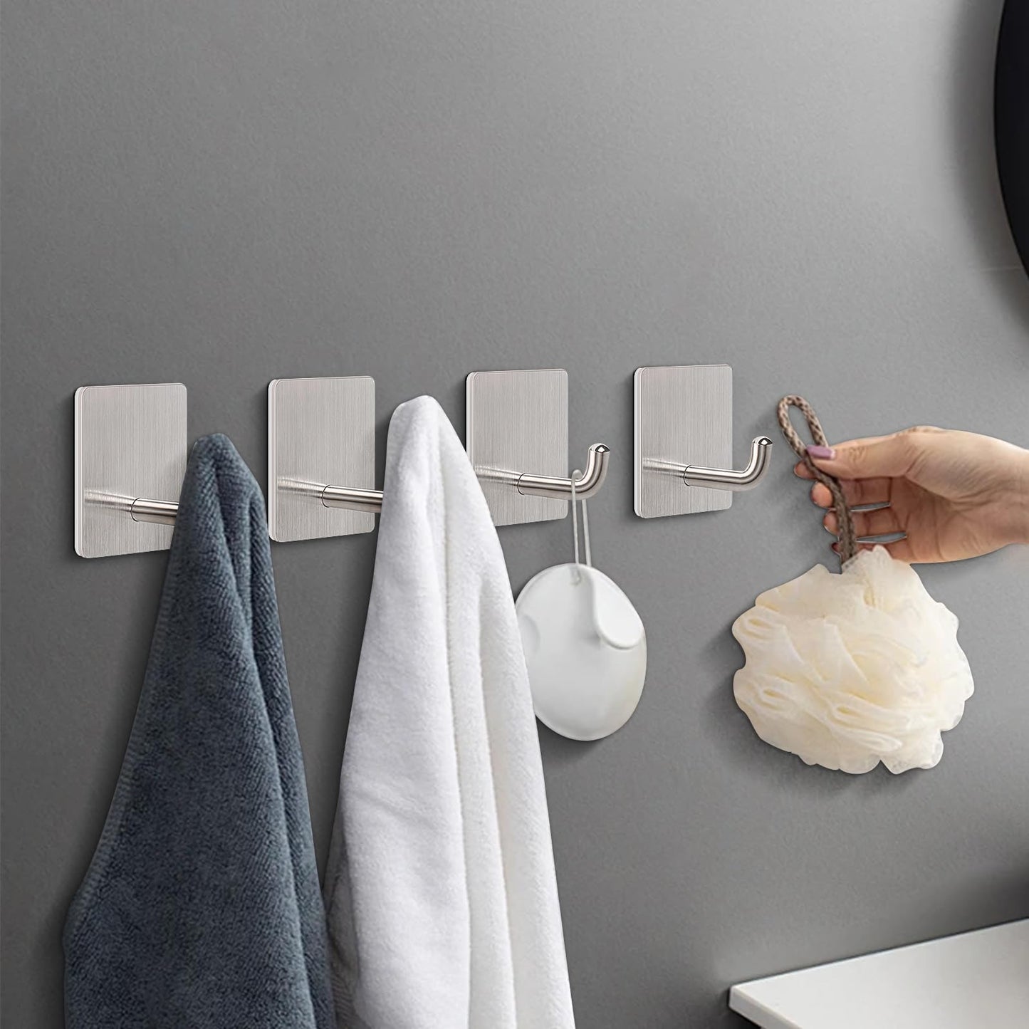 Livabber Adhesive Towel Hooks, 304 Stainless Steel Self Sticky Wall Hooks Waterproof Shower Hooks for Robe/Clothes, No Drilling Towel Hangers for Bathroom Kitchen Bedroom (Brushed Nickel, 10 Packs)