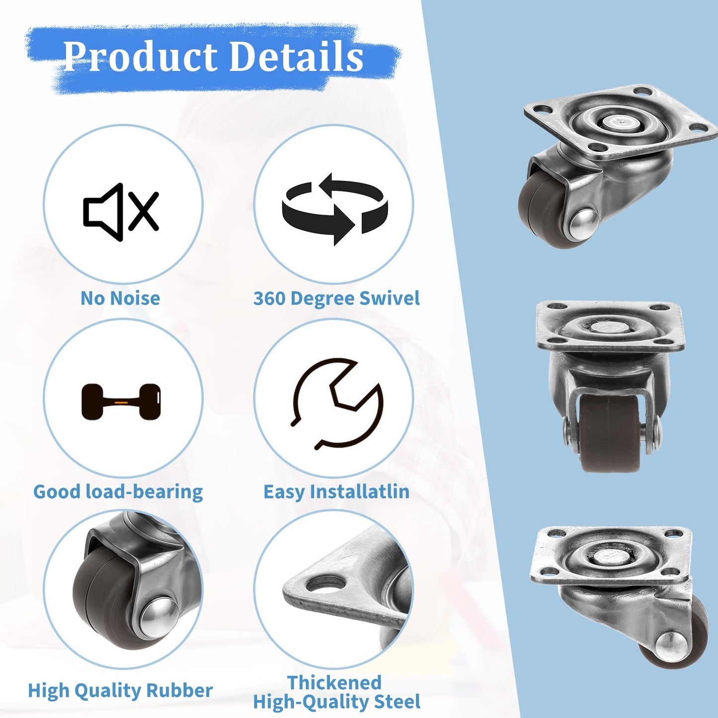 8Pcs 1/2inch Small Caster Wheels, 360 Degree Swivel Casters Set, Caster Wheels with Base Ball Bearing for Small Furniture, Kitchen Appliances, Mop Bucket, No Noise