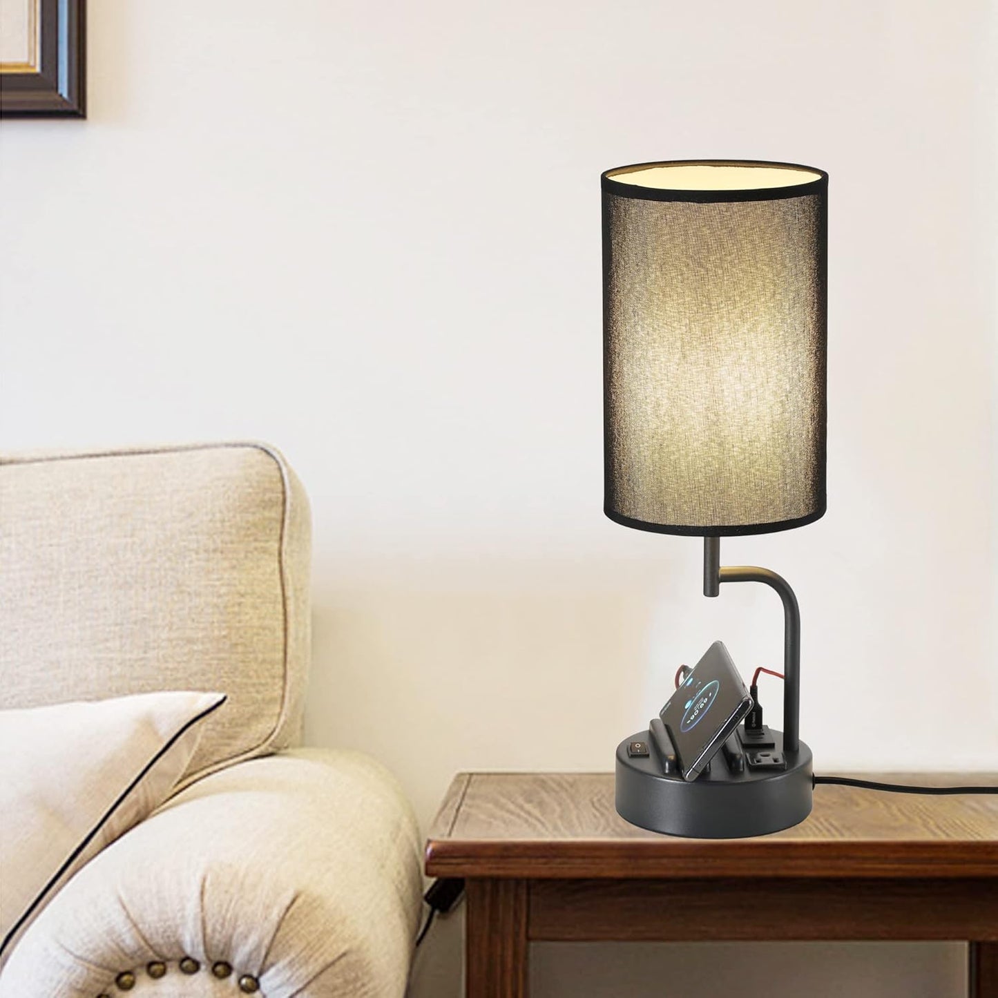 Modern Table Lamp with 3 USB Ports & AC Outlet - Set of 2 Bedside Desk Lamps in Silver
