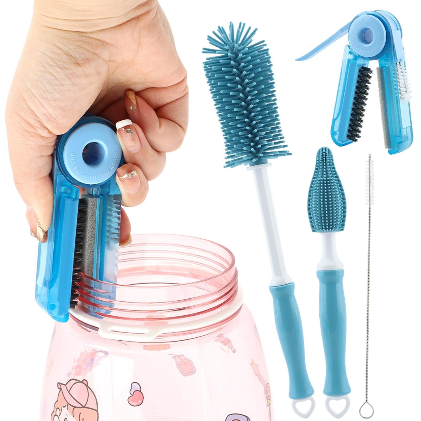 4Pcs Cup Cleaning Kit with Extra Long Straw Cleaner Brush,4 in 1 Bottle Gap Cleaner, Long Handle Silicone Brush, Multipurpose Brush Cleaner Kit