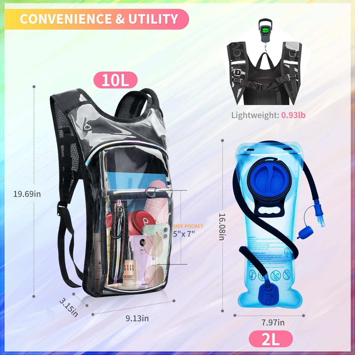 Hydration Backpack, Water Backpack with 2L Hydration Bladder, Rave Backpack Hydration Pack, Festival Essential for Raves, Hiking, Cycling, Climbing, Running, Outdoor, Camping and More