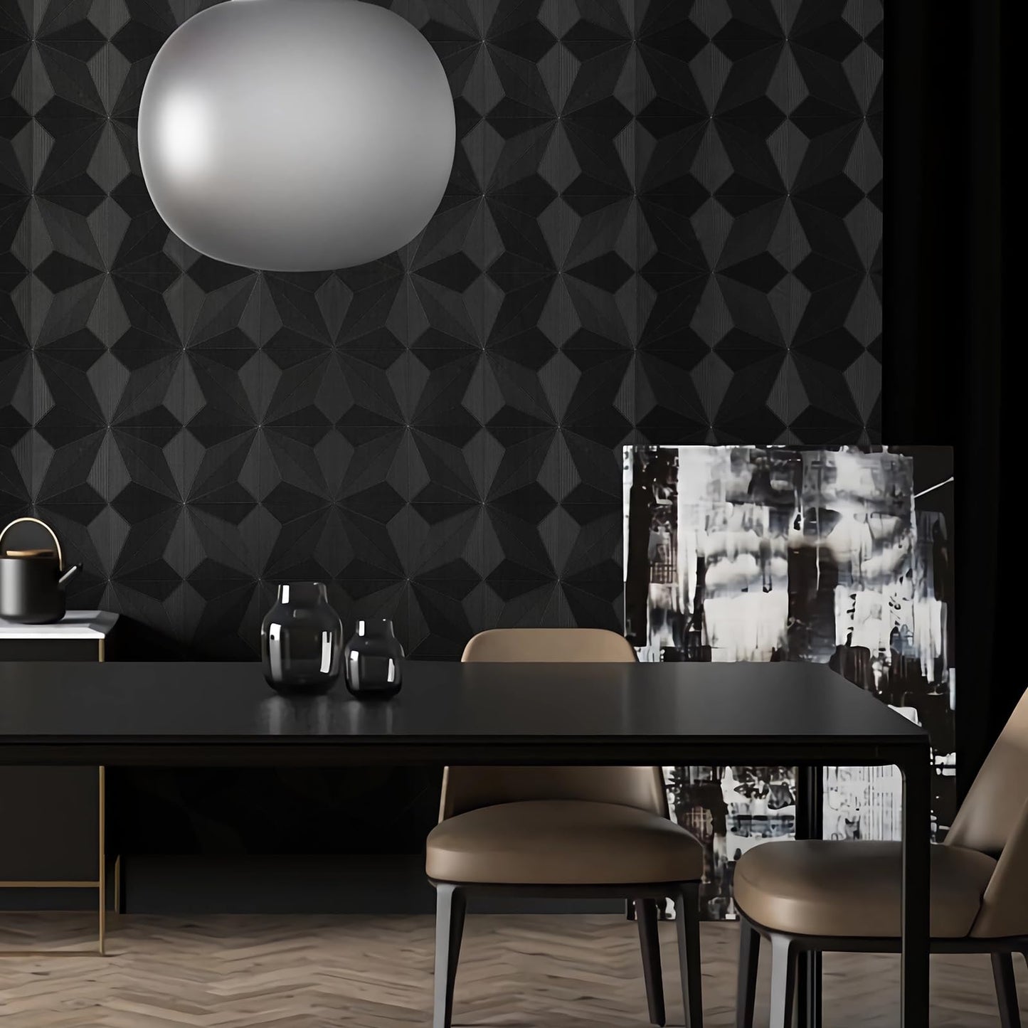 Cismmy 3D Peel and Stick Wallpaper Black Contact Paper 15.7'' X 118'' Wall Paper Renter Friendly Wallpaper SOR Cabinets and Drawers Removable Vinyl Wrap Modern Geometric Wallpaper Self Adhesive