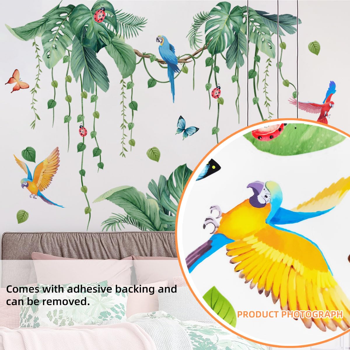 2 Sheets Jungle Wall Decals Peel and Stick Removable Vine Wall Stickers & Murals for Living Room Bedroom Vinyl Jungle Nursery Decor Tropical Wallpaper Green Plants Leaves Wall Decals with Parrot Birds