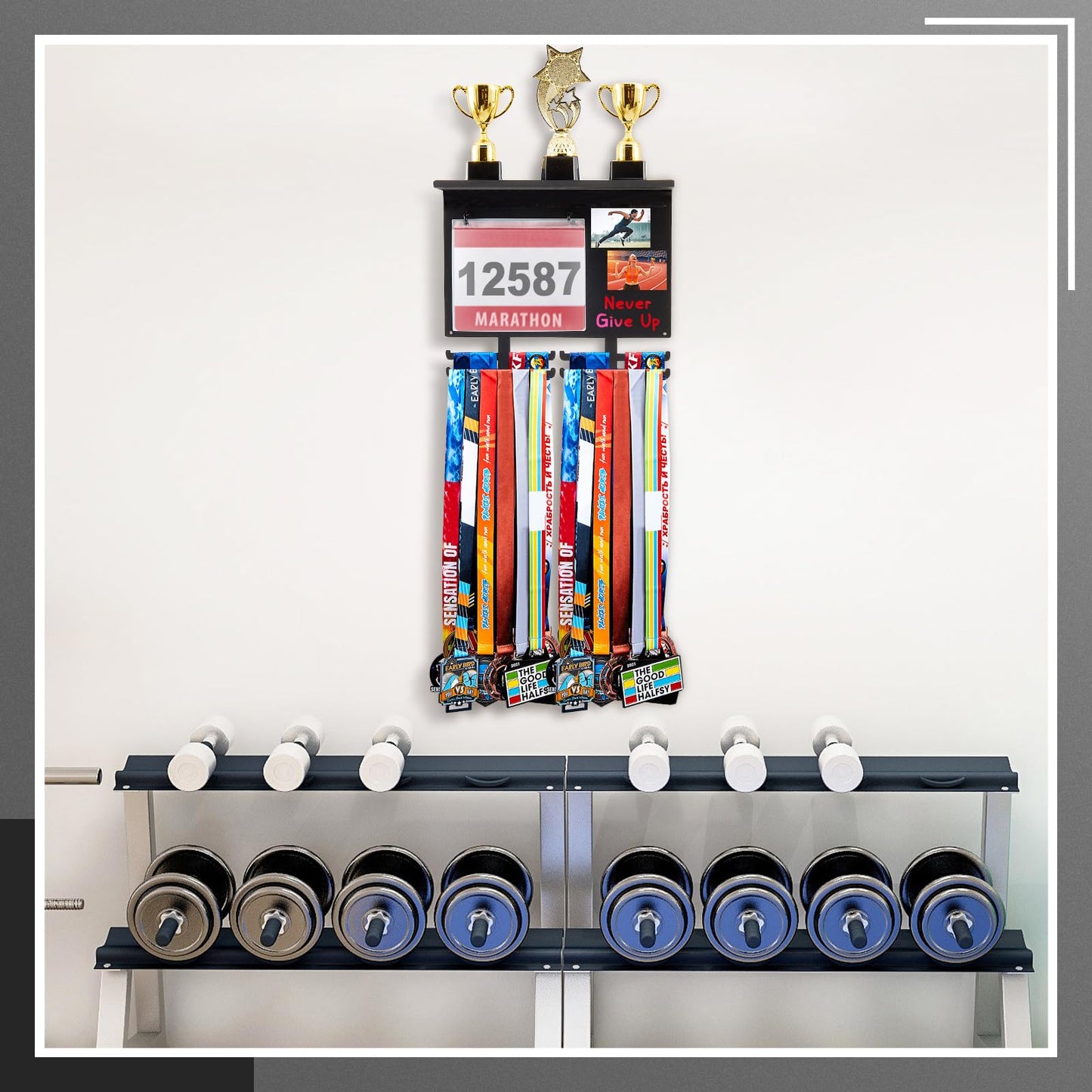 Moxweyeni Race Medal and Bib Display with Trophy Shelf, Wall Mounted Photo Display Board, Ideal Gifts for Runners and Marathoners, Holds up to 50 Medals, 40 Race Bibs & 5 Trophies(Black)