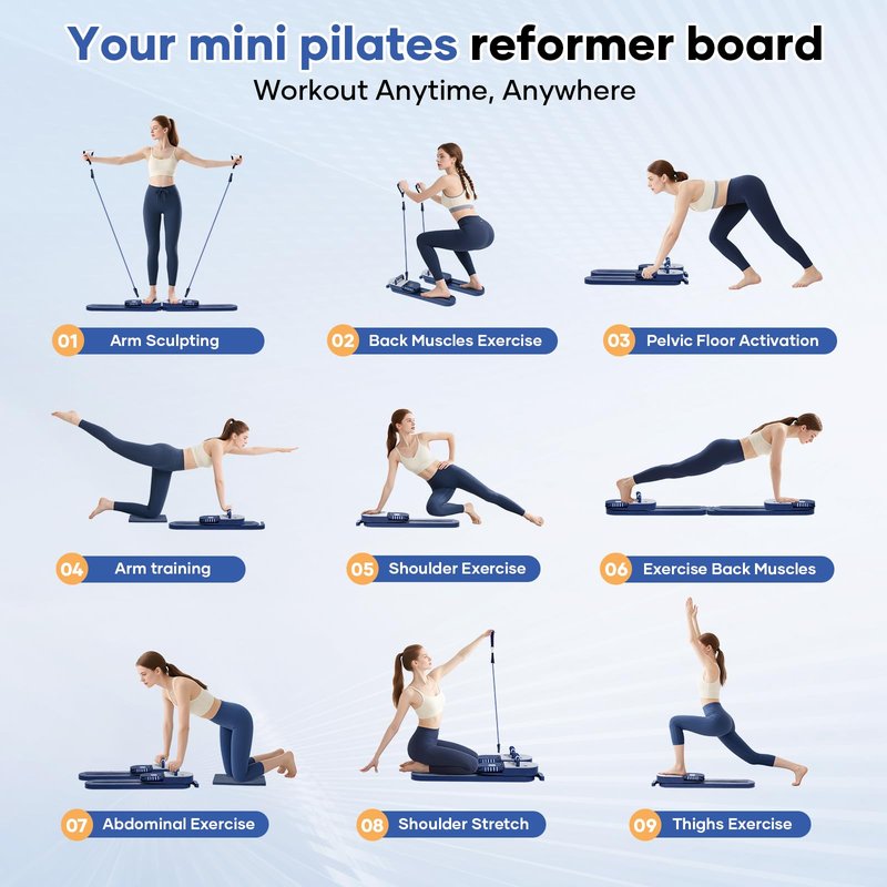BIOCOR Pilates Reformer Board, 15-in-1 Mini Pilates Machine Set, Multifunctional & Foldable Core Exercise Ab Board, Portable Pilates Board for Home Office Workout Equipment