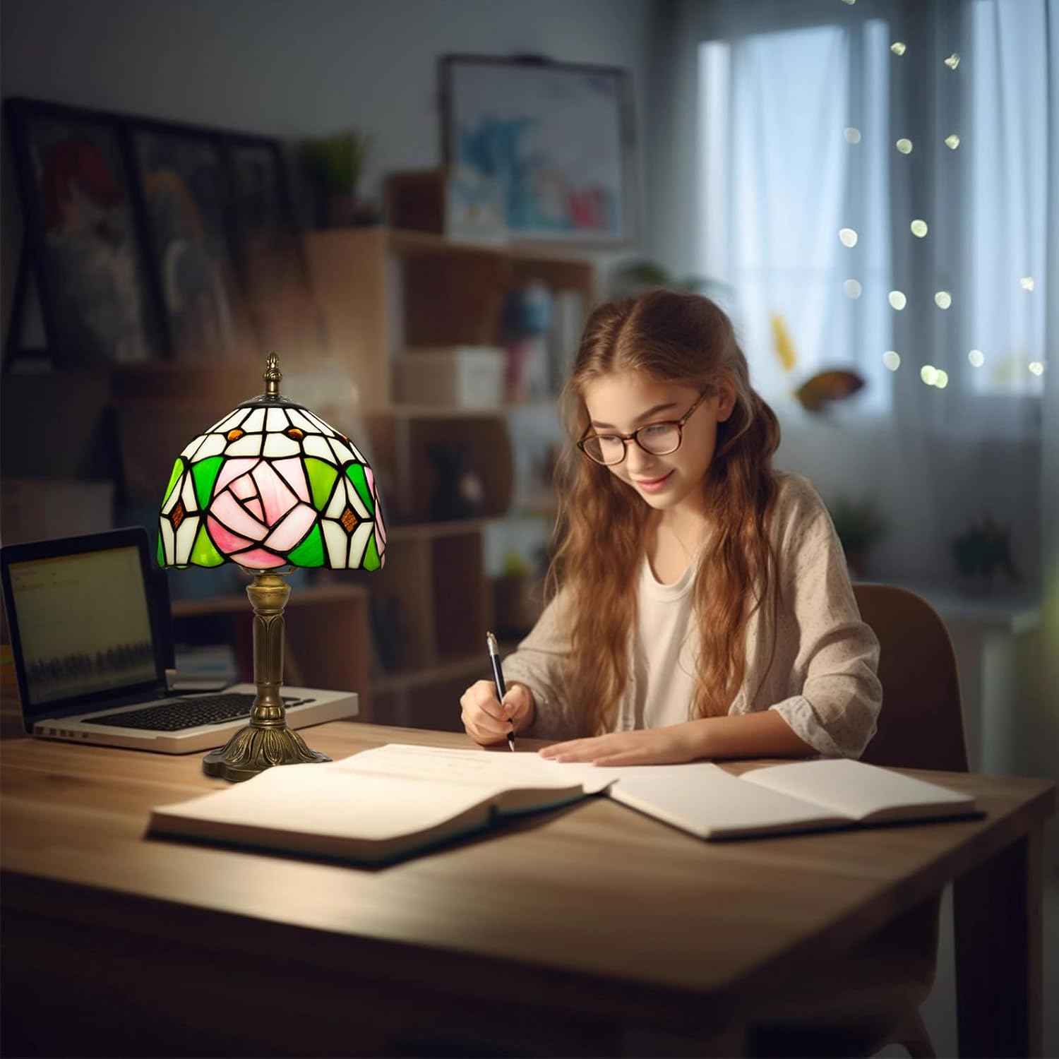 Tiffany Table Lamp - 8 Inch Antique Stained Glass, 3 Color Temperatures, Handcrafted for Bedroom & Living Room