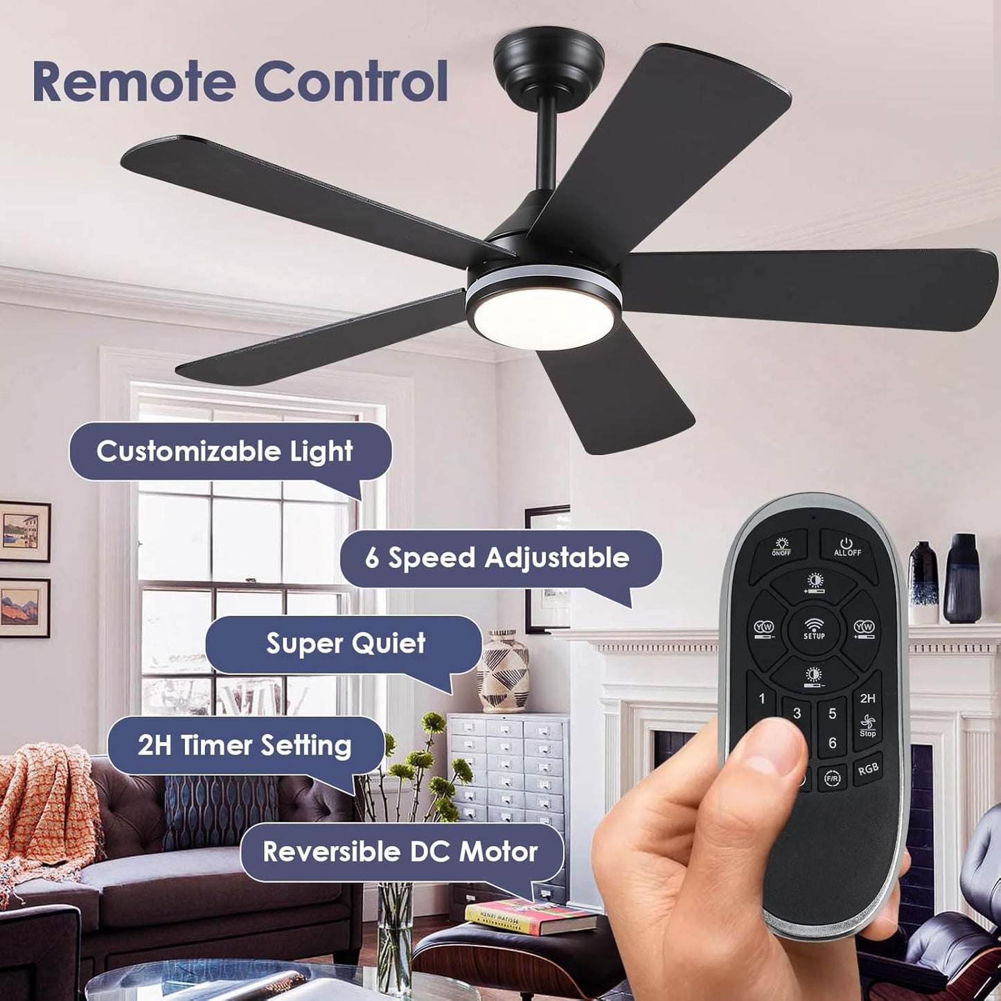 46” Black Low Profile Ceiling Fan with Lights & Remote Control - Dimmable, Noiseless, Reversible for Bedroom