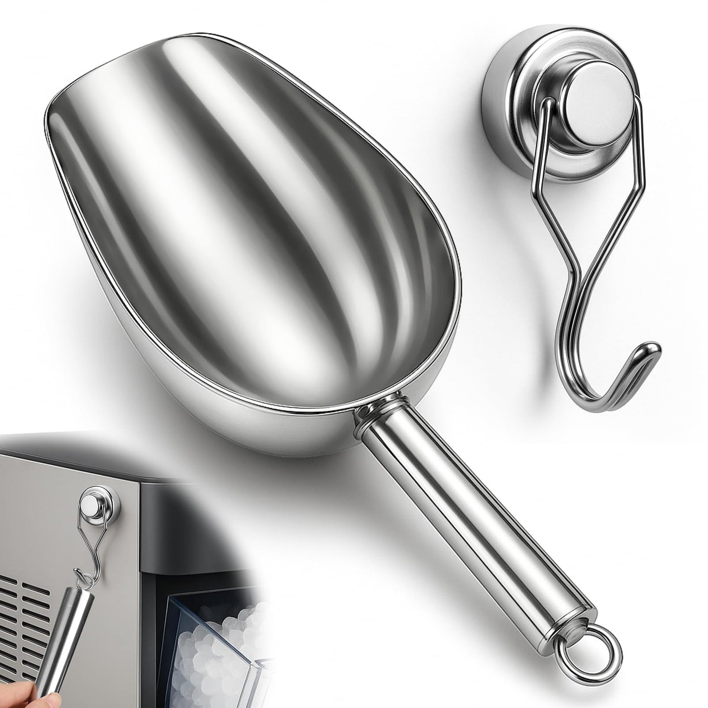 Stainless Steel Ice Scoop for Freezer with Magnetic Hook - Ice Scoop for GE Profile Opal 2.0 Nugget Ice Maker, for Kitchen Ice Bucket Bar Party Accessories