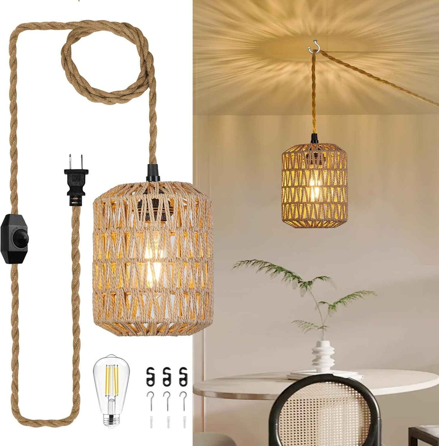 Boho Rattan Pendant Light with 3 Bulbs & 22ft Cord - Woven Hanging Chandelier for Bedroom, Kitchen, Hallway
