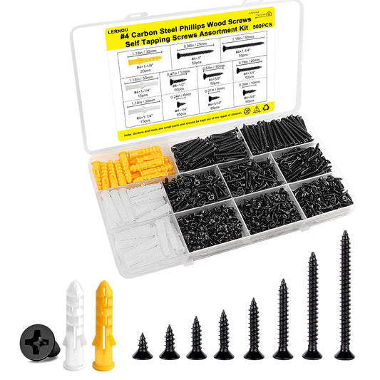 #4 Wood Screws Assortment Kit, Small Screws Set 500pcs, Short Cabinet Screw, Phillips Flat Head Self-Tapping Screw, Black Screws, Carbon Steel, Contains 50pcs M6 Screw Anchors