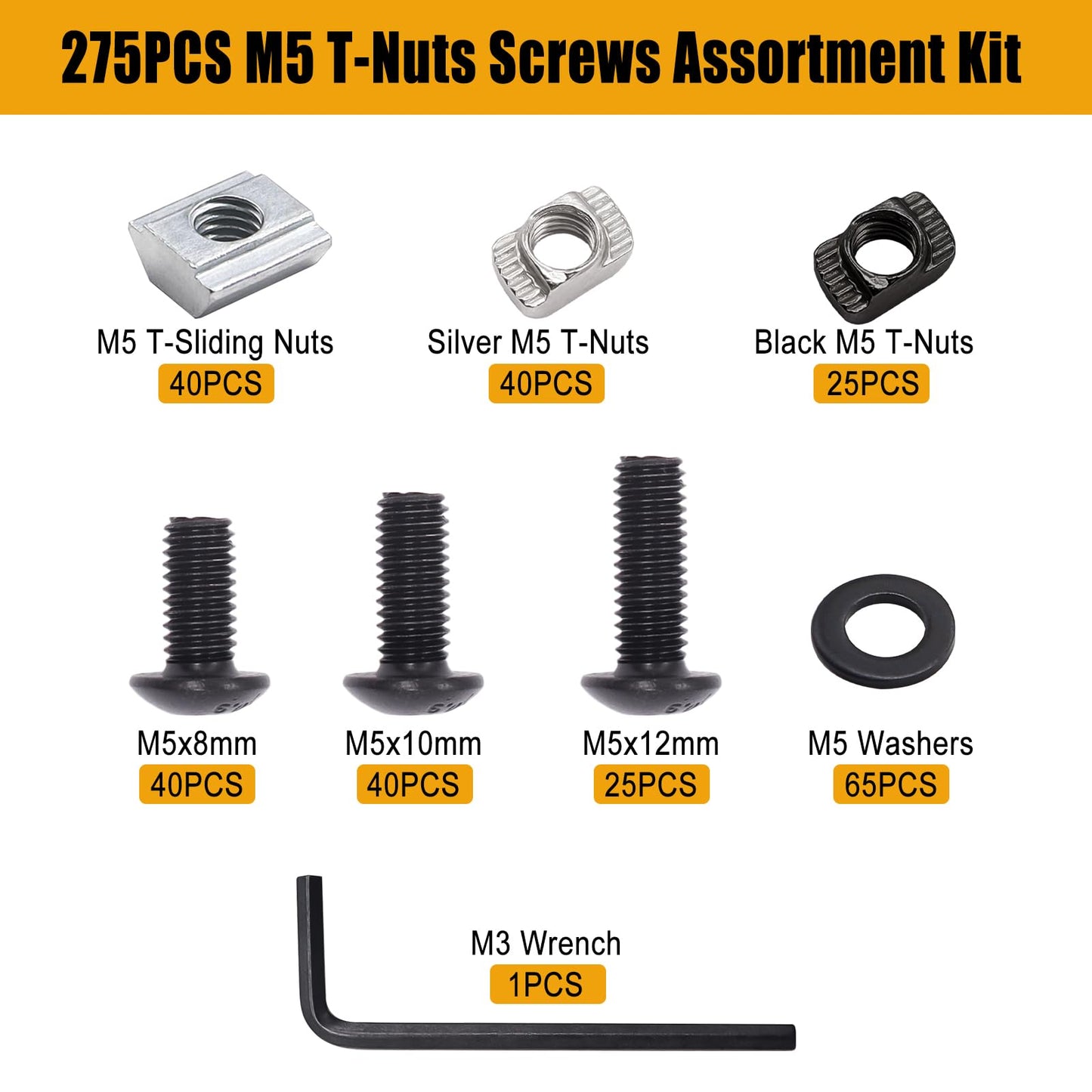 weideer 275PCS M5 T-Nuts Screws Assortment Kit,M5 T-Sliding Nut Hexagon Socket Screw T-Nuts Washers for Mlok Screws and Nuts Replacement Sets for 2020 Series Aluminum