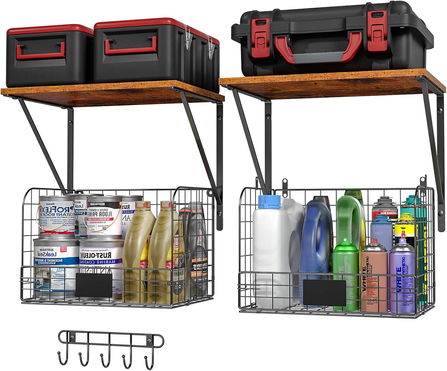 Heavy-Duty Wall-Mounted Garage Shelves with Wire Baskets & Hooks - 2 Pack Tool Organizer for Home & Garden Storage