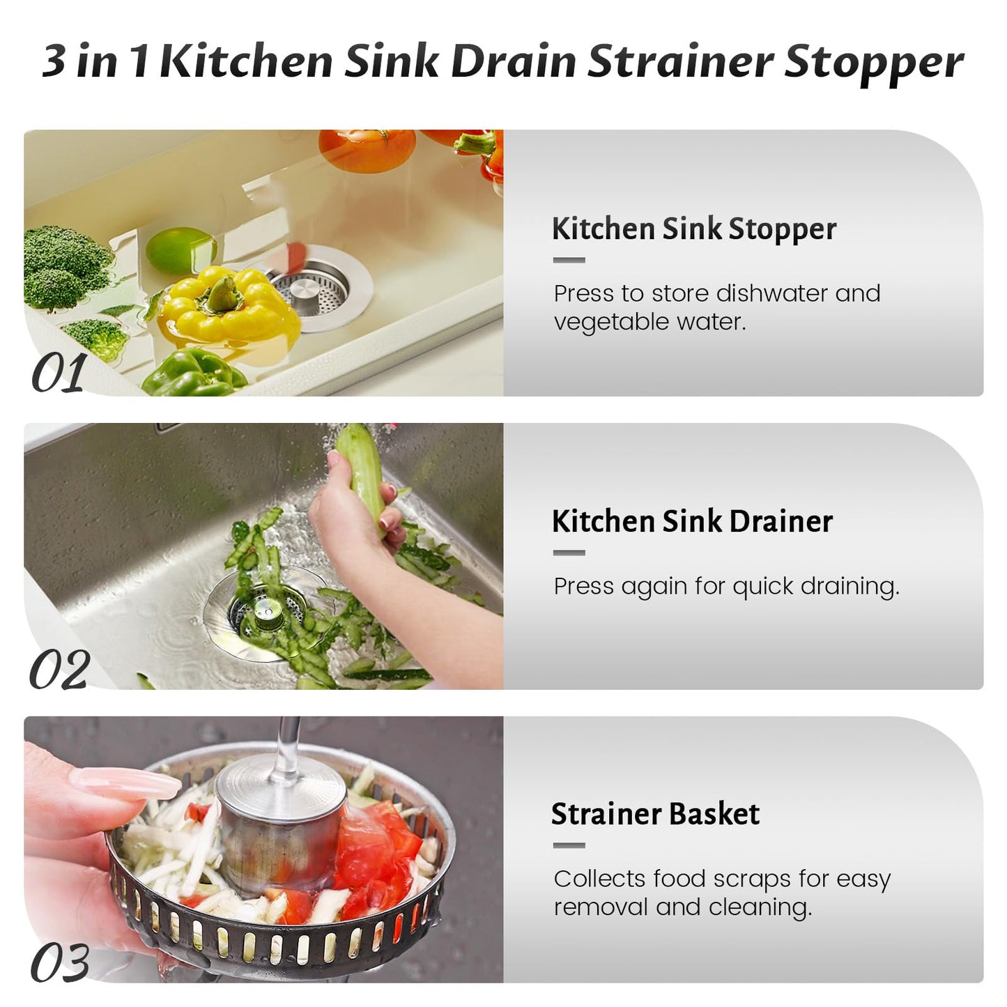 Kitchen Sink Drain Strainer – 304 Stainless Steel 3-in-1 Pop Up Design, Anti-Clogging Sink Strainer Basket for US Standard 3.5" Kitchen Drain, Water Storage & Debris Filter