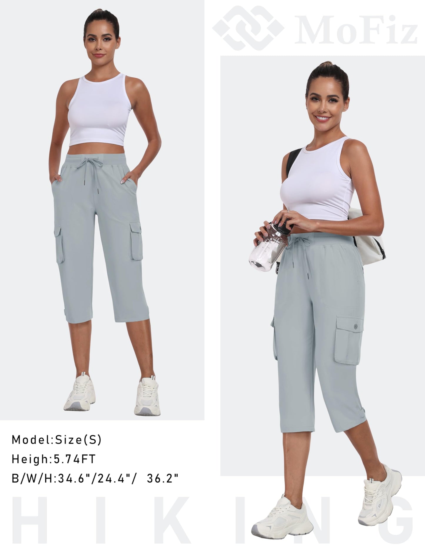 MoFiz Cargo Capris for Women Lightweight Hiking Pants Stretch Elastic Waist Capri with Pockets for Summer Travel Gray XL