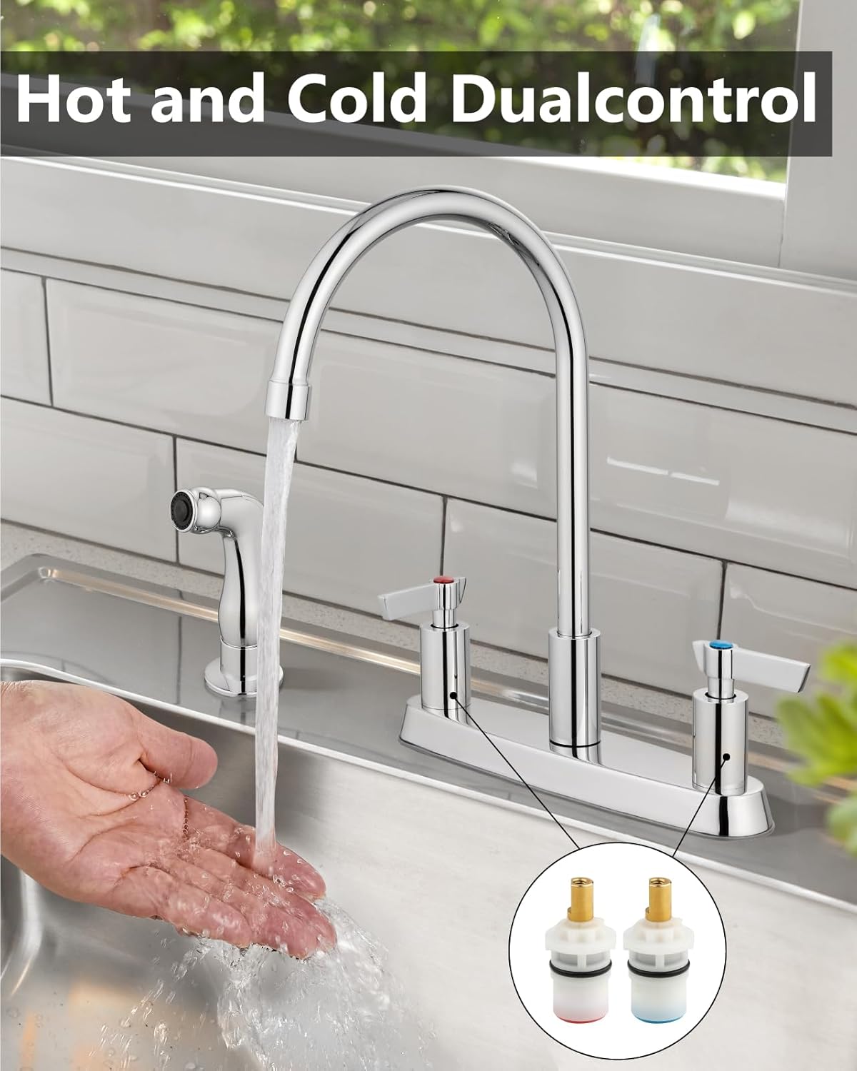 Brushed Nickel Kitchen Faucet with Sprayer - 2 Handle 8-Inch Centerset 3 Hole