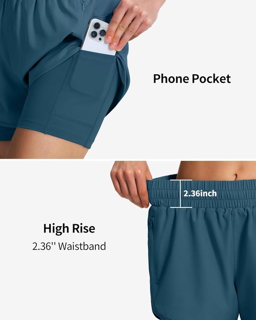 Ksmien Women's 2-in-1 Running Shorts - Quick Dry Athletic Gym Workout Shorts with Liner & Phone Pockets