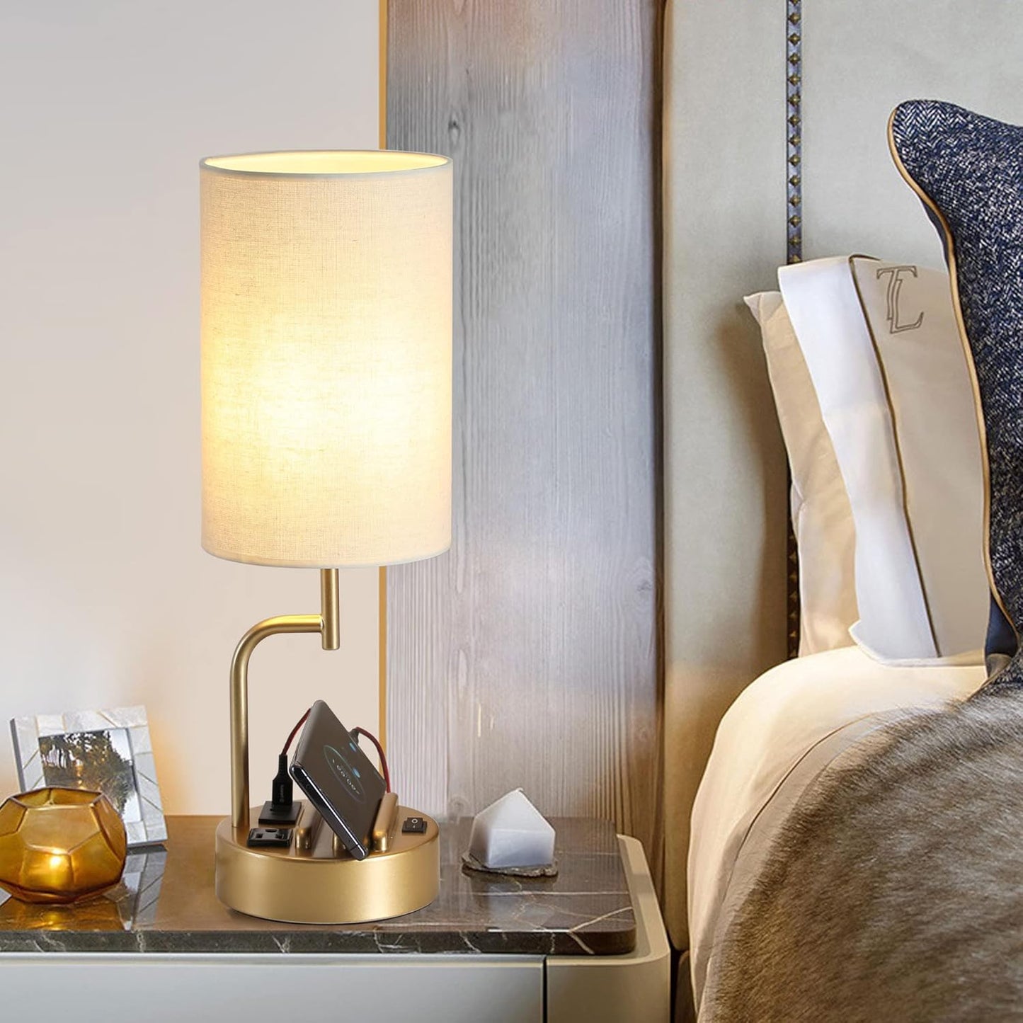 Modern Table Lamp with 3 USB Ports & AC Outlet - Set of 2 Bedside Desk Lamps in Silver