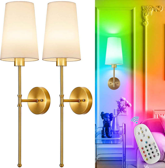 Wireless Battery Operated Wall Sconce Set of 2 - Rechargeable 15 Color Gold Lamps with Remote for Bedroom & Living Room Decor