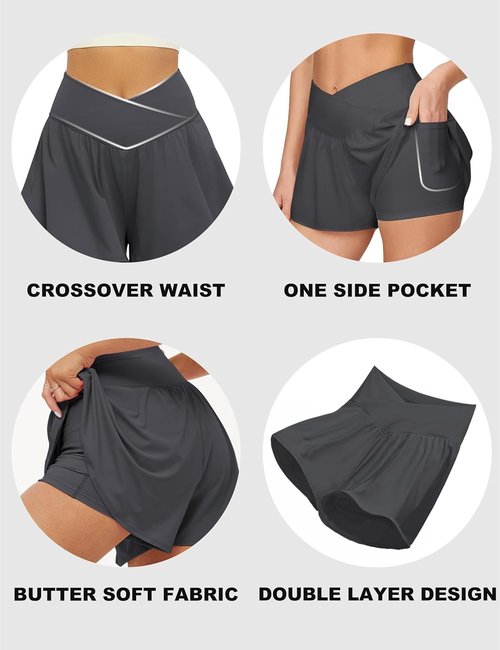 FireSwan Women's Crossover Athletic Shorts - 2-in-1 Flowy Running Shorts with Pockets | Butterfly Design