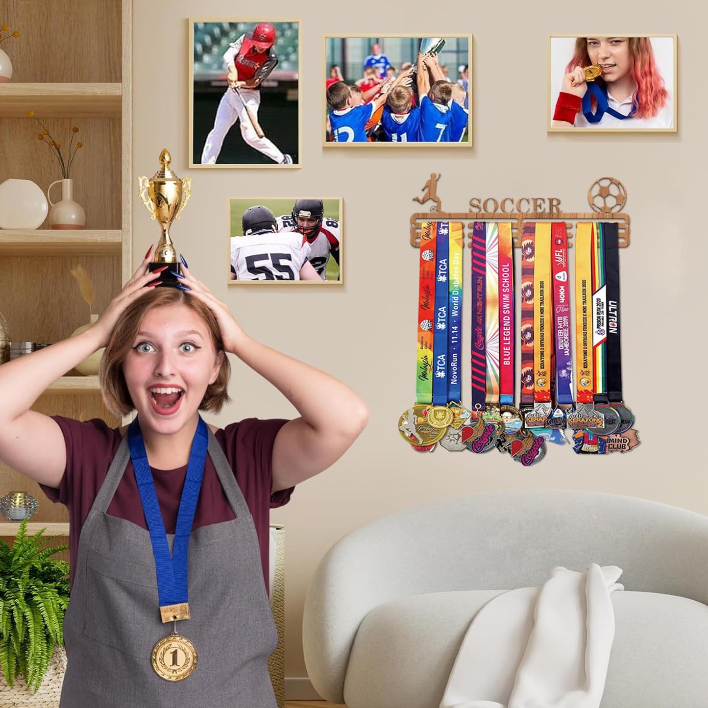 Resama World Cup Soccer Medal Hanger Holder Display Rack for Awards Ribbons Personalized Medal Sports Themed Race Ribbon Holder for Wall Metal Display for Men Boy Girl Kid Wooden