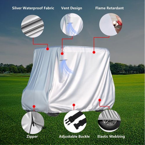 BENVOL 2/4 Passenger Golf Cart Cover for Yamaha EZGO Club Car, 420T Waterproof Polyester with Silver Coating,Waterproof,Dustproof,Windproof,Sunproof,All-Weather Protection (Silver-112 * 48 * 73 in)