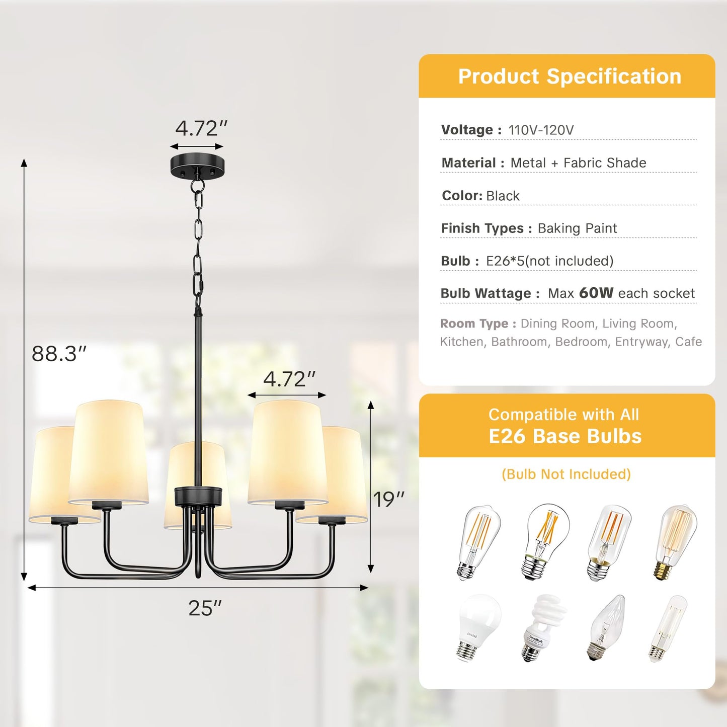 Laiebri Farmhouse Chandelier, 5-Light Black Chandelier with White Fabric Shade, Height Adjustable Modern Dining Room Light Fixture with E26 Base for Bedroom Foyer Hallway Entryway Kitchen Living Room