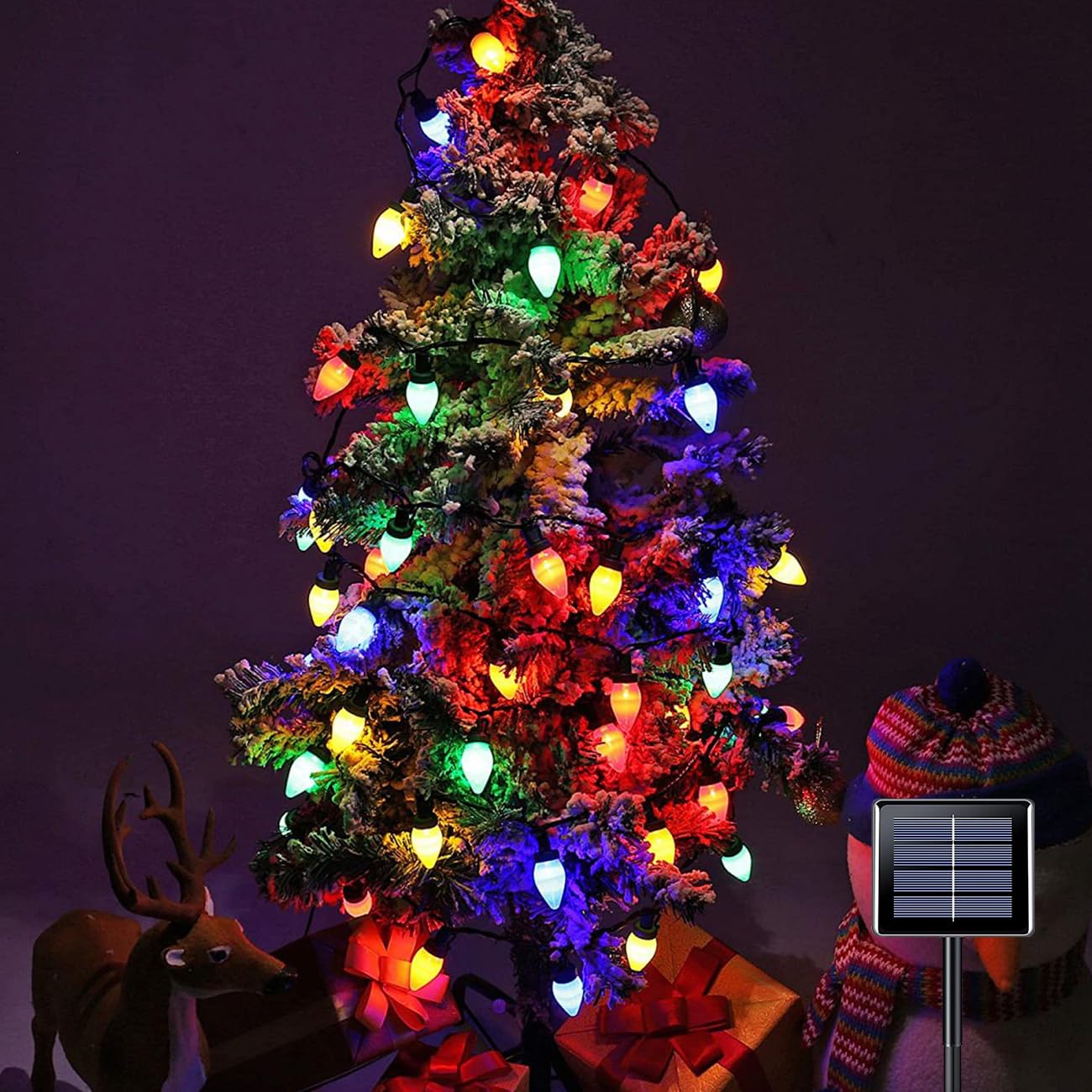 Anycosy Solar Christmas Lights, 29.5 FT 60 LEDs C7 Strings Lights 8 Modes with Auto On/Off Time for Xmas Tree Garland Garden Patio Indoor Outdoor Christmas Decorations WC-60