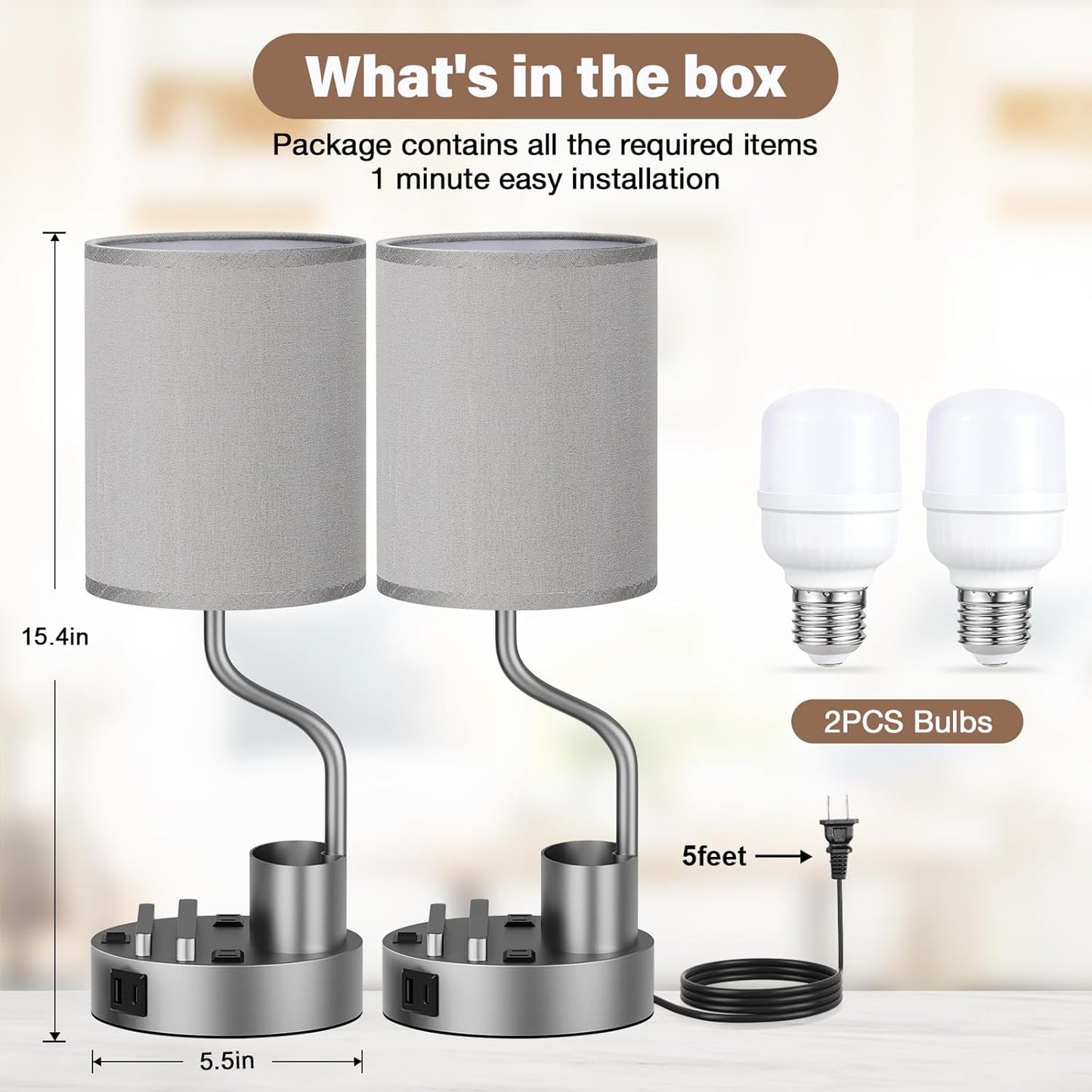 Set of 2 Bedside Table Lamps with USB & AC Outlet - 3 Color Temperatures, Desk Light & Phone Stand for Bedroom, Living Room, Office