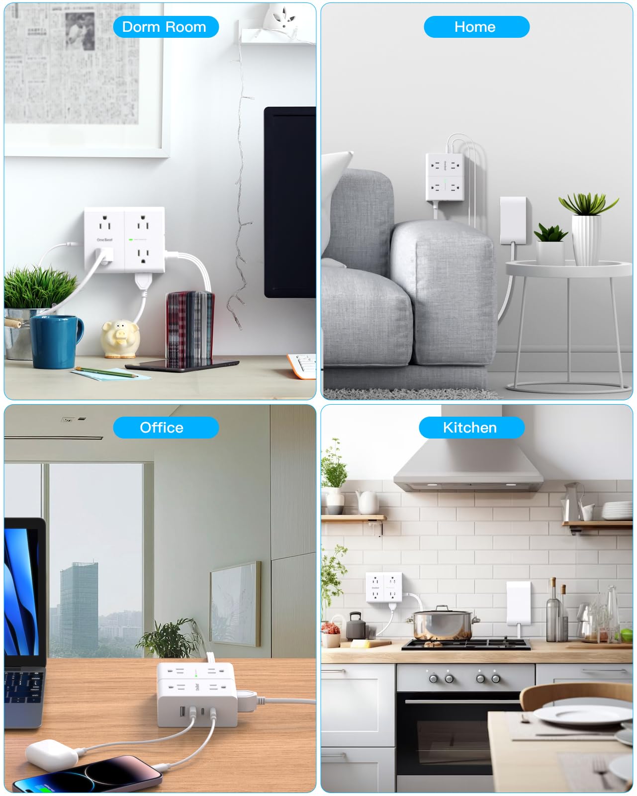 Surge Protector Power Strip, 6 Ft Flat Plug Extension Cord with 8 Outlets 4 USB Ports (2 USB C), 1080J Multi Plug Outlet Extender, Wall Mount Desk USB Charging Station for Home Office Dorm Essentials