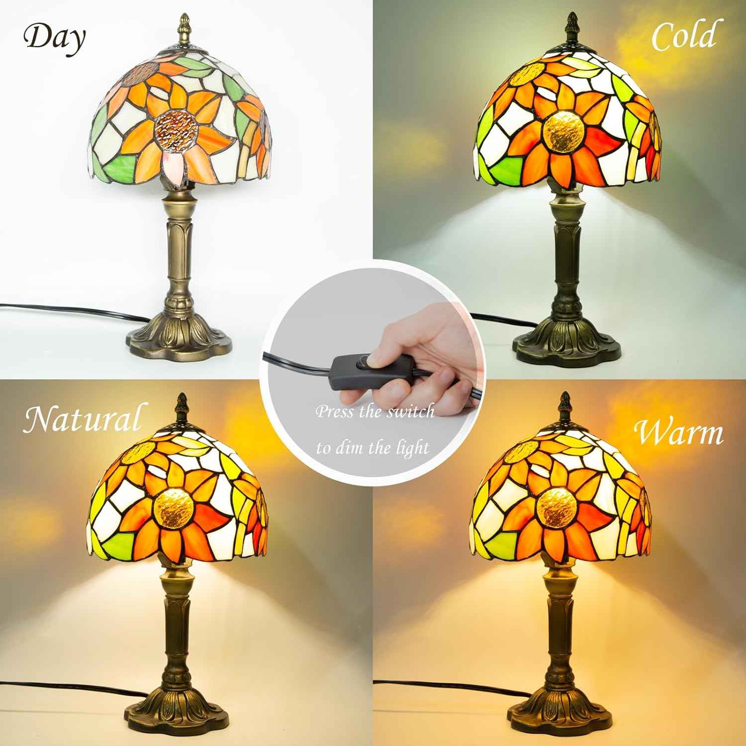 Tiffany Table Lamp - 8 Inch Antique Stained Glass, 3 Color Temperatures, Handcrafted for Bedroom & Living Room