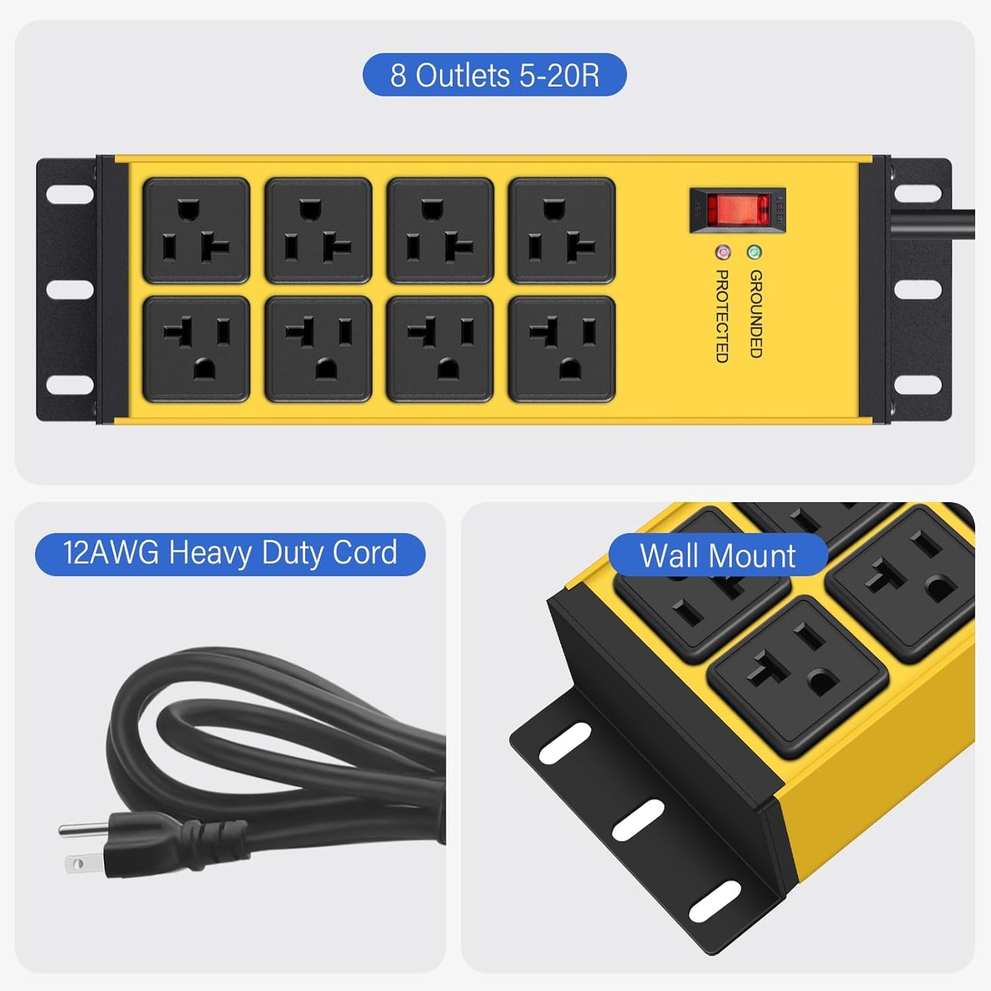 Heavy Duty 20 Amp Surge Protector Power Strip with 8 Outlets, 6FT Wall Mount - Yellow
