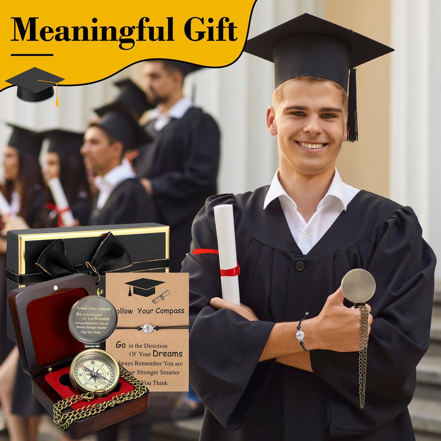 Compass Gift Set Engraved Compass with Chain Souvenir Present Bracelet with Greeting Card Walnut Wooden Box Gift Box for Graduation Father's Day Adventure Birthday Baptism Party Favors(Graduation)