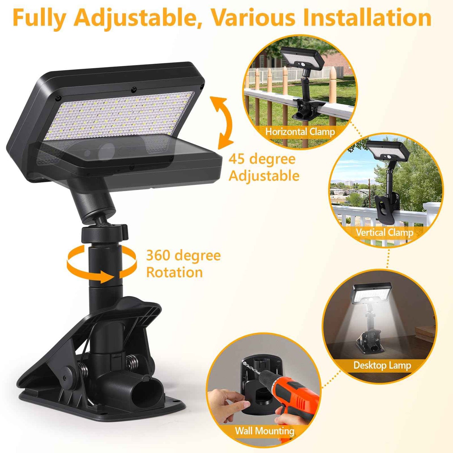 Clip on Solar Lights Outdoor with Motion Sensor, 360°Rotatable & Vertically Adjustable Solar Fence Lights with 92 LEDs (600 LM, 6000 K), IP65 Waterproof Security Light for Chain Link, Gutter, Camping