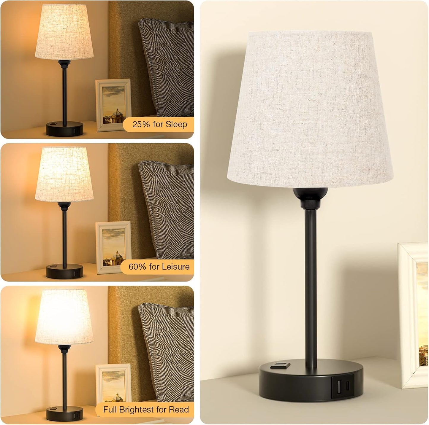 Set of 2 Mini Bedside Lamps with USB-C & AC Outlet - Dimmable Touch Nightstand Lights for Bedrooms