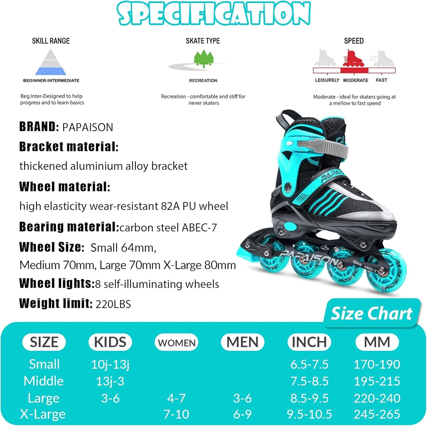 PAPAISON Adjustable Inline Skates - Light Up Wheels for Kids Ages 4-16 | Perfect for Outdoor Fun