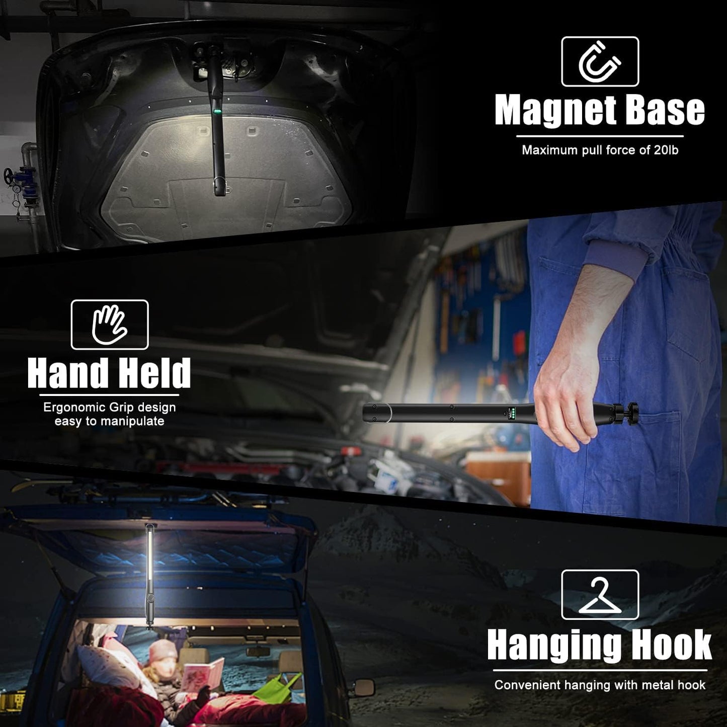 XTAUTO LED Work Light - 600LM Rechargeable COB Inspection Lamp with Magnetic Base & Hook - Portable for Garage & Camping