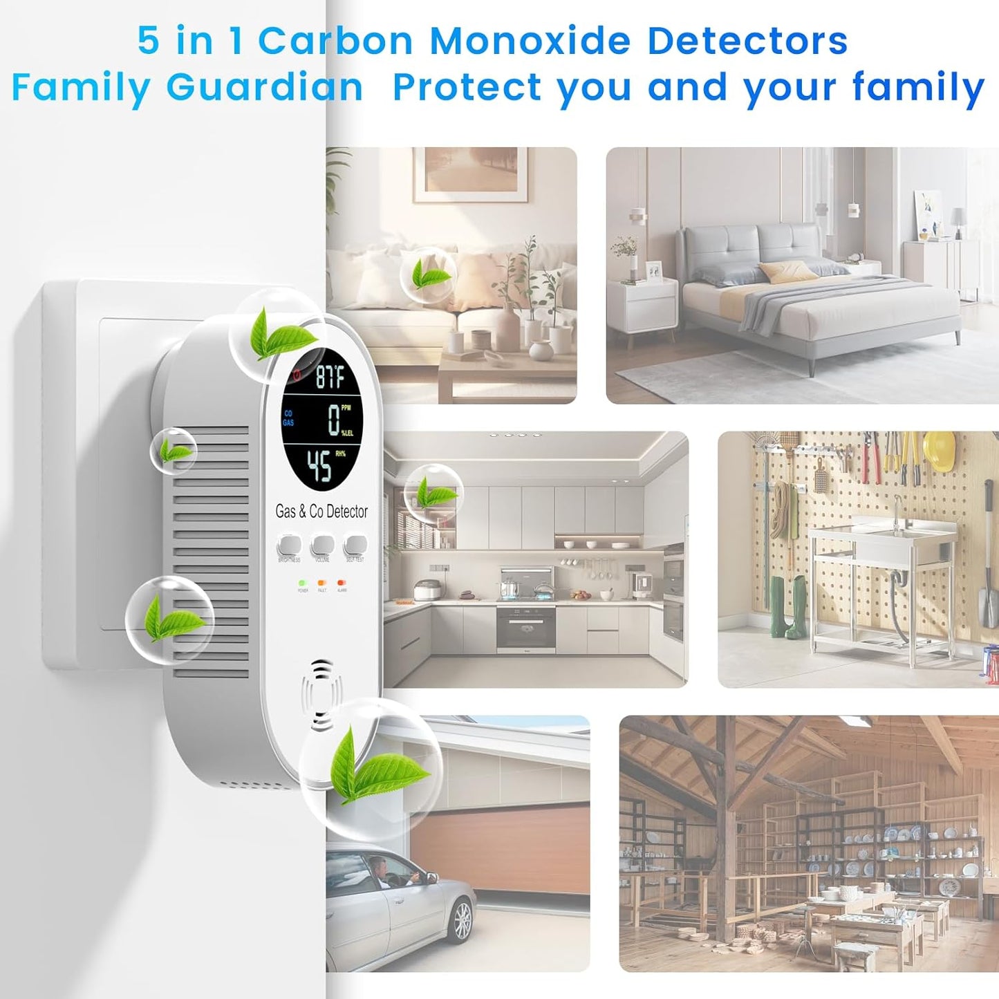 5-in-1 Carbon Monoxide & Natural Gas Detector with Temperature & Humidity Sensor - Battery Backup, LED Display, Sound & Light Alerts for Home & Hotel