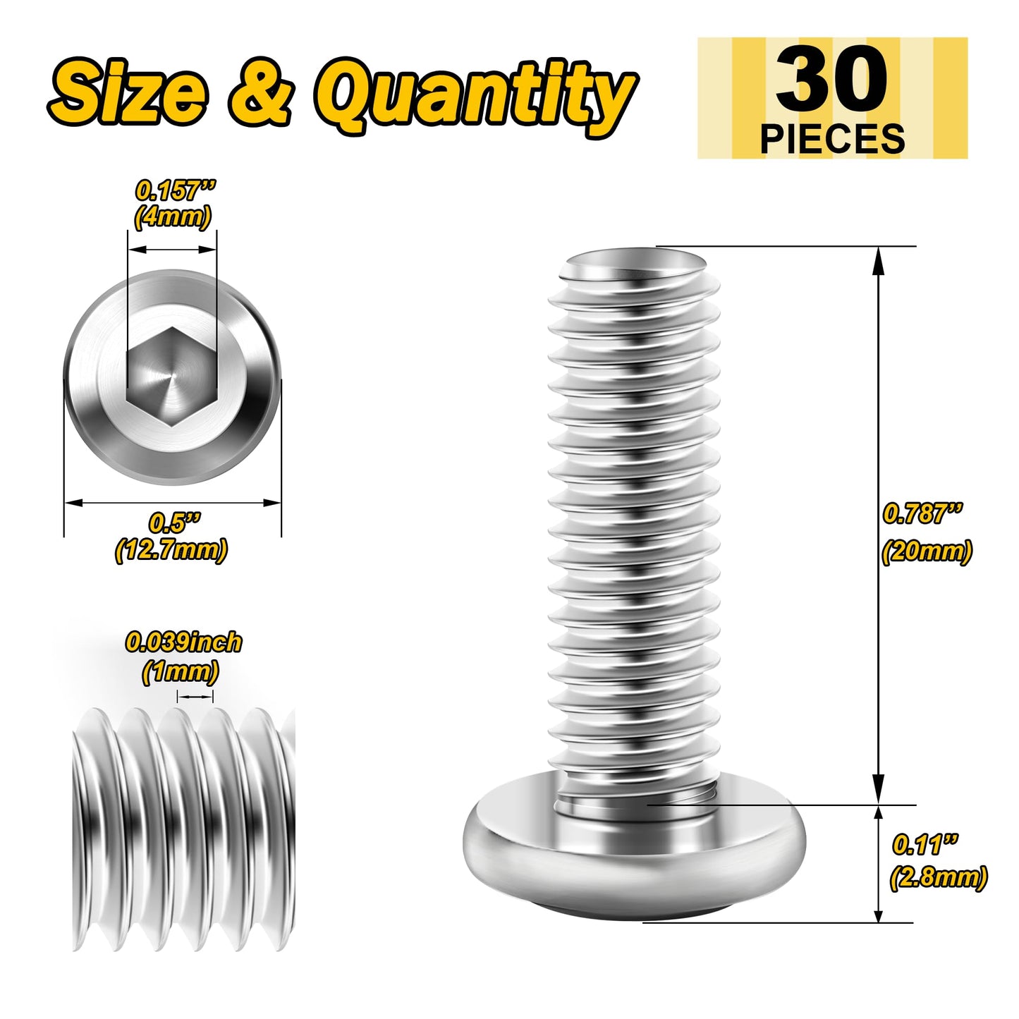 30Pcs M6 Bolts, M6 x 20mm Flat Head M6x1.0 Bolt Hex Socket Cap Screws Bolts, M6 Screws 304 Stainless Steel Furniture Screws Full Thread, Bright Finish & Hex Spanner by Mywish