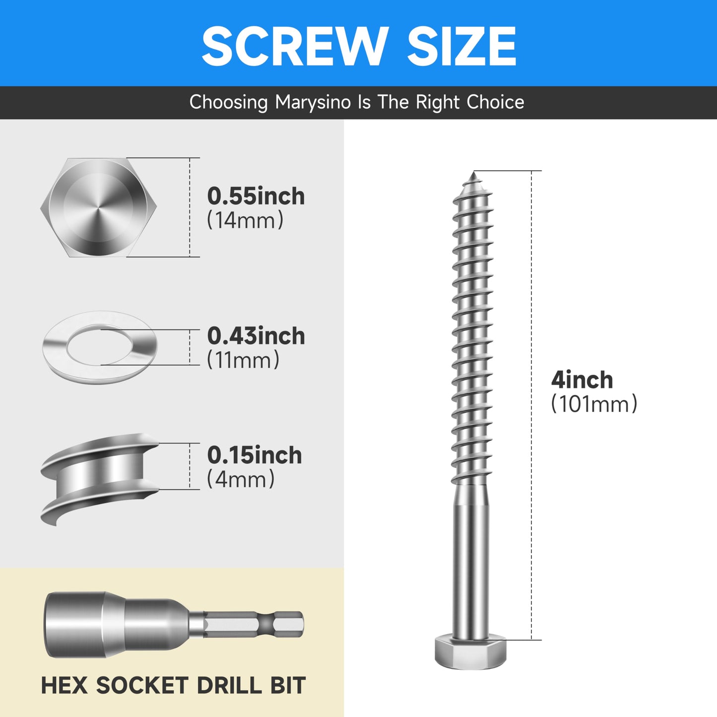 (8-Set) 3/8 x 4 Lag Bolts for Wood, Stainless Steel Heavy Duty Hex Head Lag Screws, ASME B18.2.1 Commercial/Industrial Grade Mounting Screws Bolts Kit by Marysino