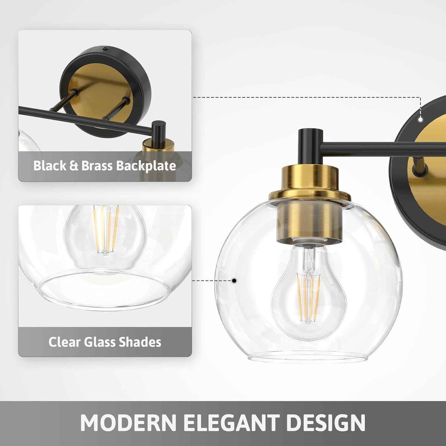 3-Light Vanity Bathroom Light Fixture with Globe Glass Shades - Brushed Nickel, ETL Certified