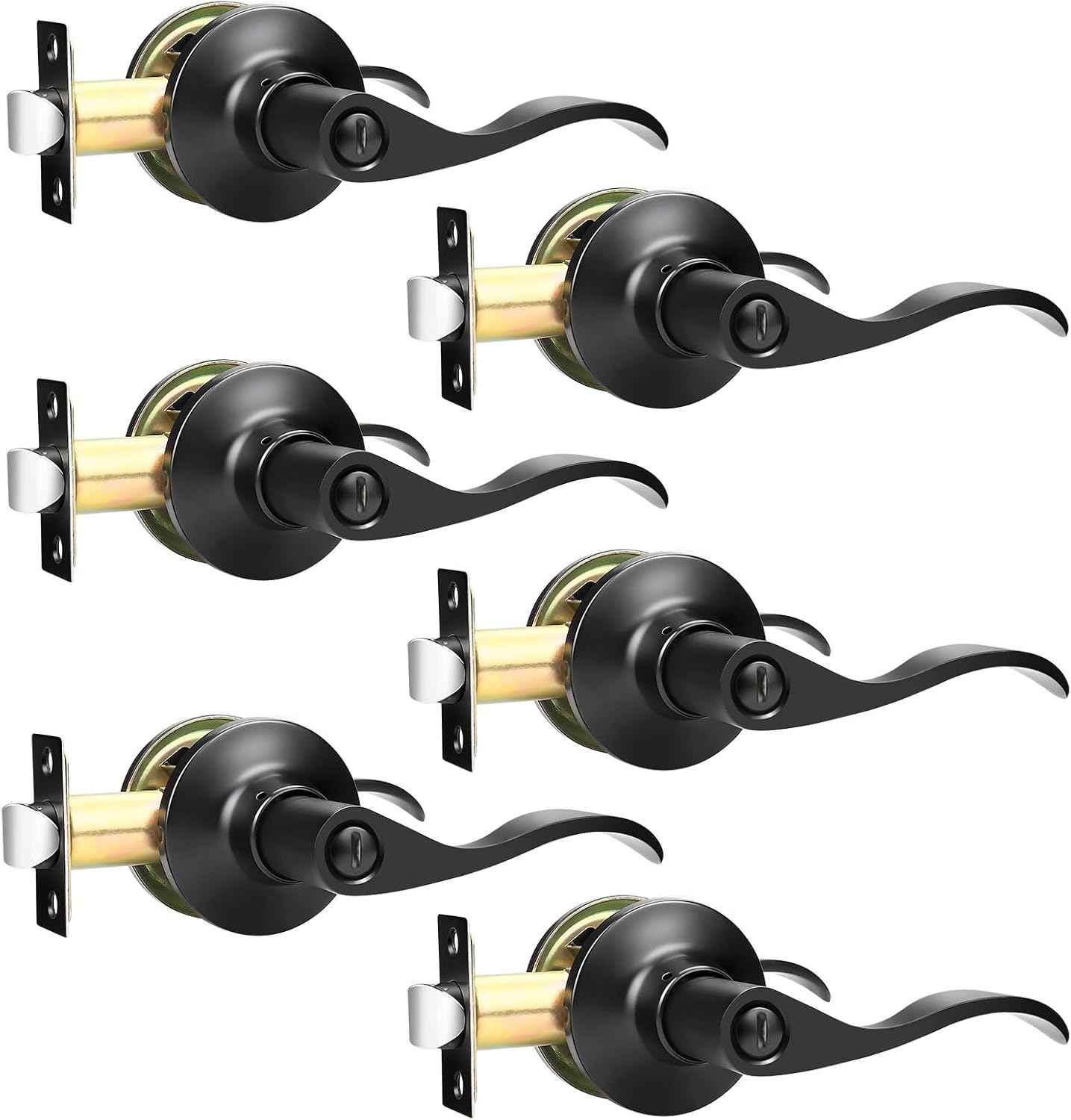 Black Privacy Door Levers - 6 Pack Keyless Modern Wave Handles for Bedrooms