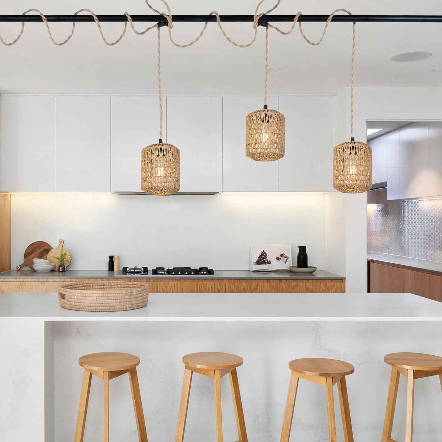 Boho Rattan Pendant Light with 3 Bulbs & 22ft Cord - Woven Hanging Chandelier for Bedroom, Kitchen, Hallway