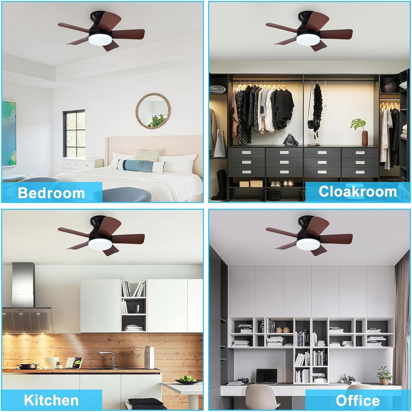42-Inch Modern Black Ceiling Fan with Light & Remote - Dimmable Low Profile, 5 Reversible Walnut Blades, 6 Speeds for Indoor/Outdoor Use